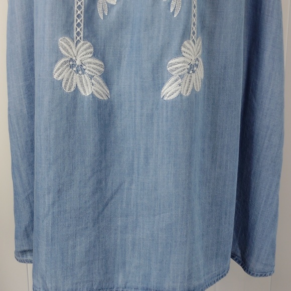 Easel Womens Washed Blue Off-Shoulder Embroidered Tunic Dress. - Picture 8 of 14